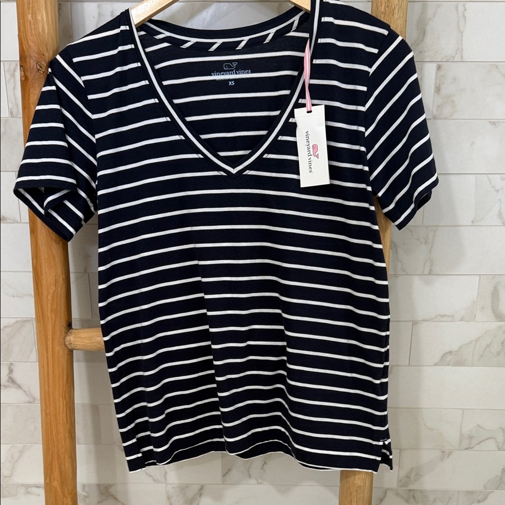 Vineyard Vines Navy and White Striped V-Neck Tee